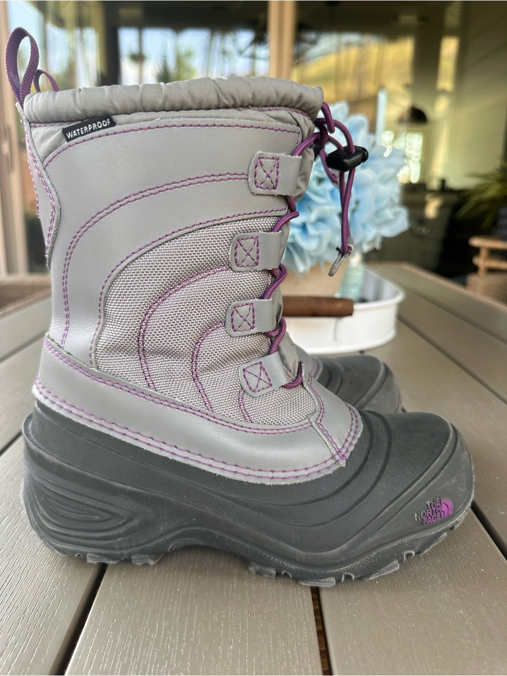 The North Face Gray and Purple Kids Waterproof Snow Boots